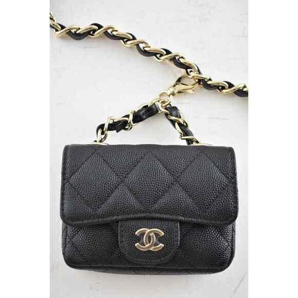 Chanel 21B Black Caviar Mini Chain Classic Gold Card Belt Waist Necklace Bag - Picture 7 of 12
